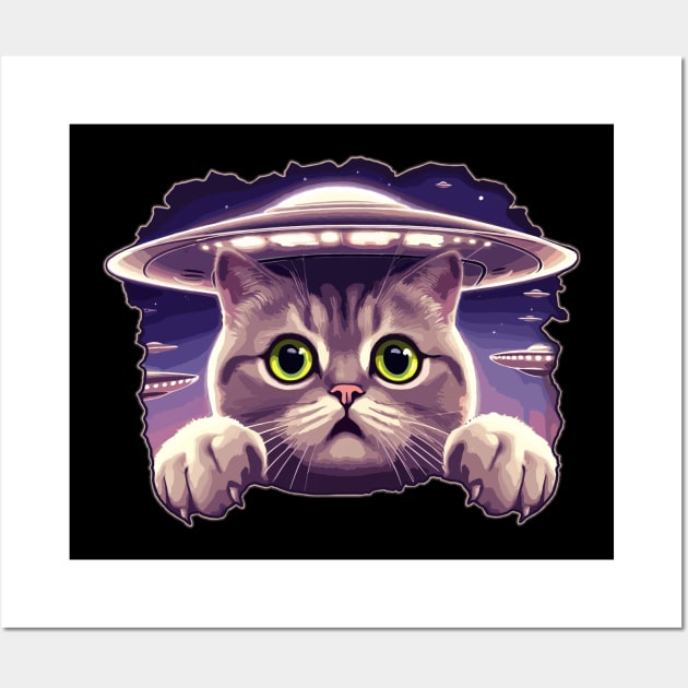 Funny Cat Selfie With UFOs Behind Wall Art by KromADesign